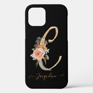 Monogram C Gold Script Black BOHO Pink Floral Leaf iPhone 12 Hoesje