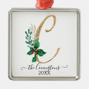 Monogram C Holly Christmas Gold Glitter Family Metalen Ornament