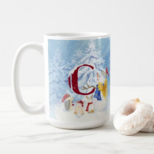 Monogram C Snowy Forest Animals Snowman Trees Koffiemok (Met donut)