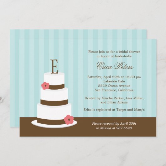 Monogram Cake Bridal Shower Uitnodiging - Blauw (Voorkant / Achterkant)