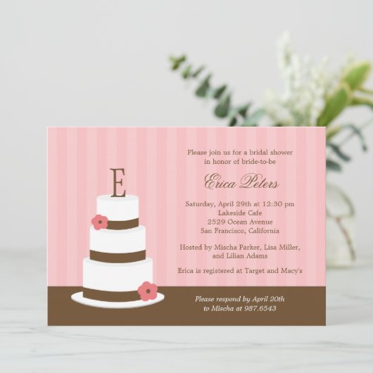 Monogram Cake Bridal Shower Uitnodiging - Roze (Staand voorkant)