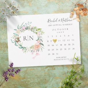 Monogram Calendar Gold Heart Floral Wedding Save The Date