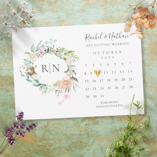 Monogram Calendar Gold Heart Floral Wedding Save The Date