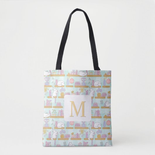 Monogram Cats Library Tote Bag Girly Mint Green (Voorkant)