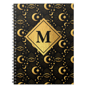 Monogram Celestial Black & Gold Stars Moon Pattern Notitieboek