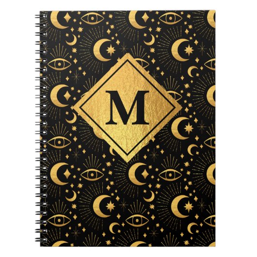 Monogram Celestial Black & Gold Stars Moon Pattern Notitieboek (Voorkant)