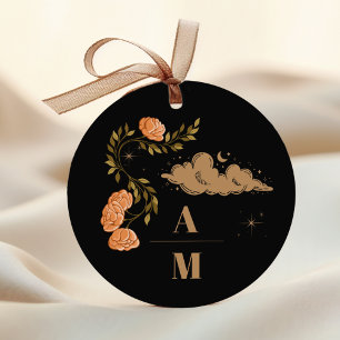 Monogram Celestial Midnight Black Stars Bruiloft Ronde Sticker