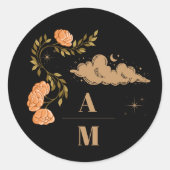 Monogram Celestial Midnight Black Stars Bruiloft Ronde Sticker (Voorkant)
