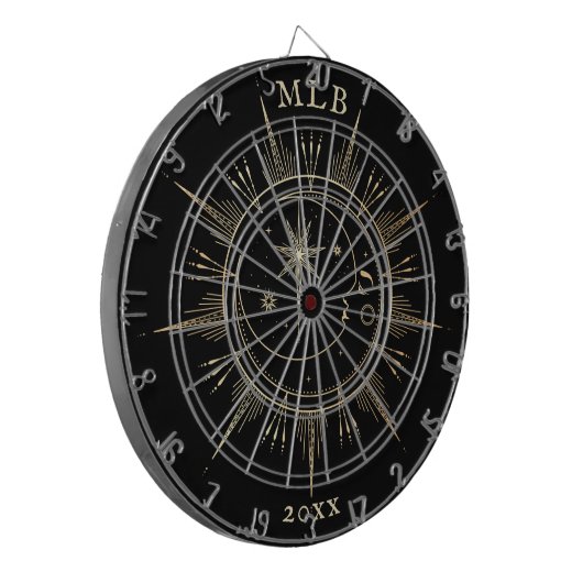 Monogram Celestial Sun Moon Gold Black Year Dartbord (Voorkant Links)