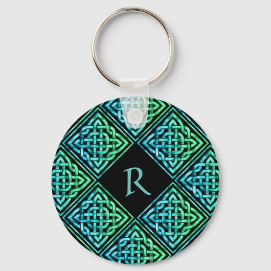 Monogram Celtic Knot Blue Green Round Sleutelhange Sleutelhanger (Voorkant)