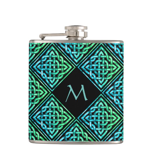 Monogram Celtic Knot Diamond Blue Green Hip Flask Heupfles (Voorkant)