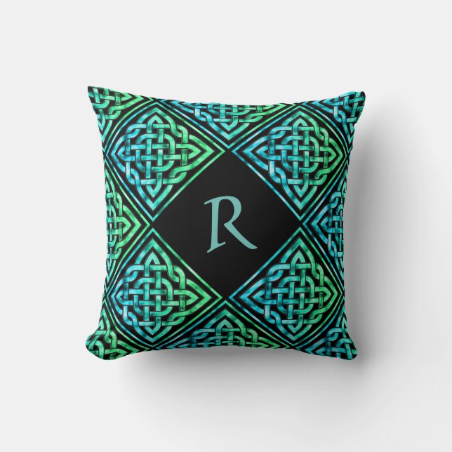 Monogram Celtic Knot: Diamond Blue Green Pillow Kussen (Voorkant)