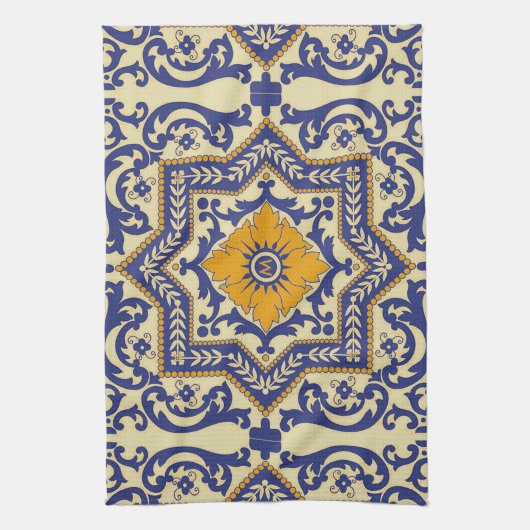 Monogram Ceramic Azulejo Style Blue Towel Theedoek (Verticaal)
