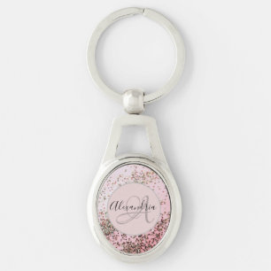Monogram Champagne Roze Confetti Gepersonaliseerd Sleutelhanger