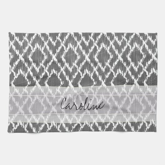 Monogram Charcoal Gray Tribal Ikat Diamond Pattern Theedoek (Horizontaal)