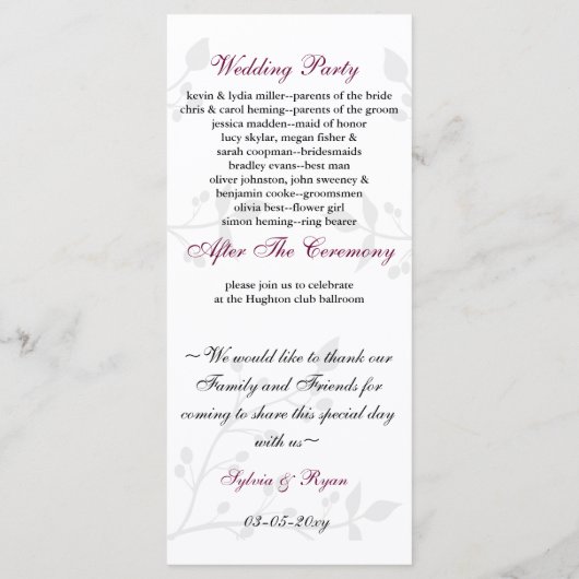 MONOGRAM charmeurs d'oiseaux Programme de mariage (Dos)