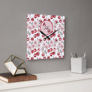 Monogram Cherry Blossom Golf-thema gepersonaliseer Vierkante Klok