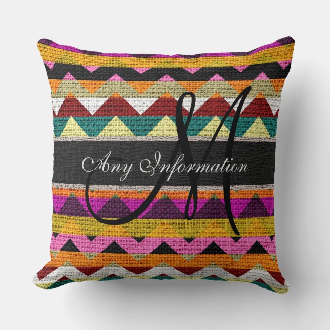 Monogram Chevron Burlap Rustic #7 Kussen (Voorkant)