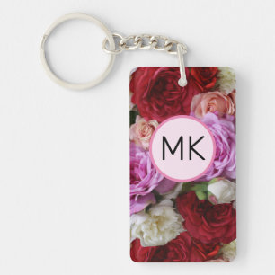 Monogram Chic Bloemen Roze en Rode Bloemen Sleutelhanger