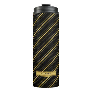 Monogram Chic Elegant Black en Faux Gold Stripes Thermosbeker