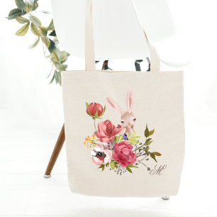 Monogram Chic Floral Bunny Rabbit Pasen Tote Bag