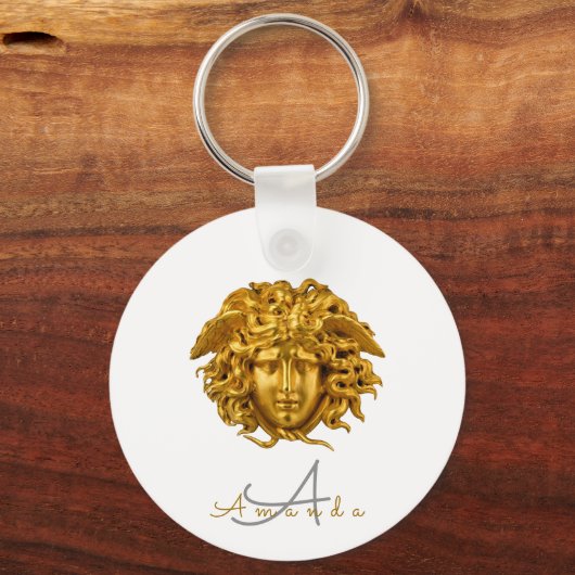 Monogram Chic Franse Gouden Medusa Masker Wit Sleutelhanger (Voorkant)
