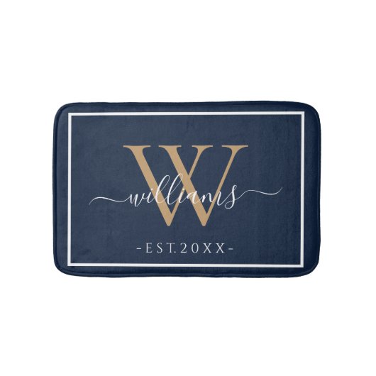 Monogram Chic Gold Script Names Wedding Date Navy Badmat (Voorkant)