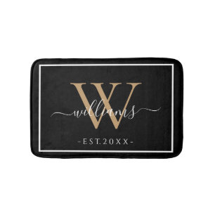 Monogram Chic Gouden Script Namen Trouwdatum Zwart Badmat