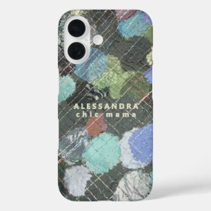 Monogram Chic Mama Abstract Groen Blauw Witte Stip iPhone 16 Hoesje