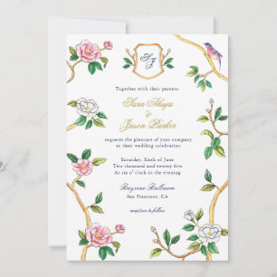 Monogram Chinoiserie Border met Crest Wedding Kaart