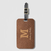 Monogram Chique Bruin Leer Naam Script Modern Bagagelabel (Voorkant (verticaal))