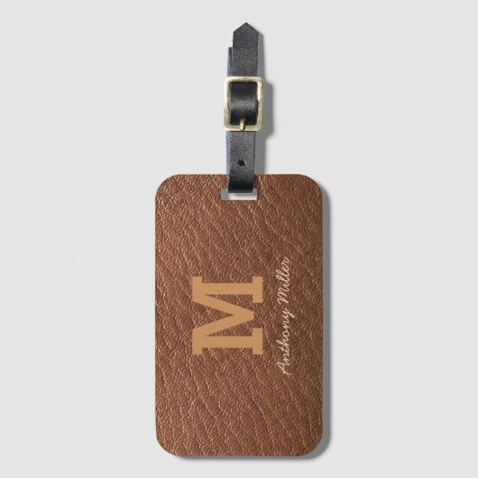 Monogram Chique Bruin Leer Naam Script Modern Bagagelabel (Voorkant (verticaal))
