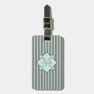 Monogram Chocolate Brown & Mint Green Stripes Bagagelabel