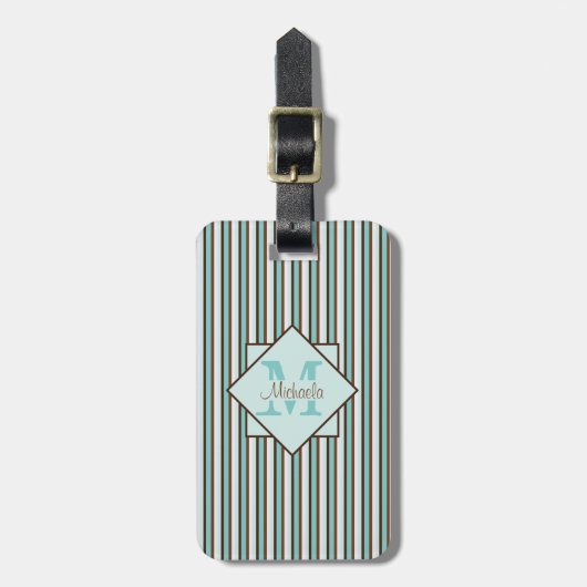 Monogram Chocolate Brown & Mint Green Stripes Bagagelabel (Voorkant verticaal)