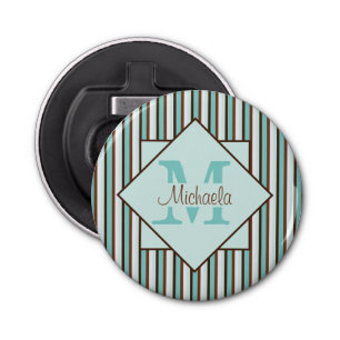 Monogram Chocolate Brown & Mint Green Stripes Button Flesopener