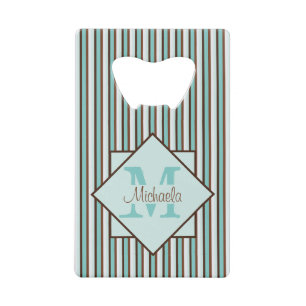 Monogram Chocolate Brown & Mint Green Stripes Kredietkaart Flessenopener