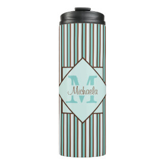 Monogram Chocolate Brown & Mint Green Stripes Thermosbeker