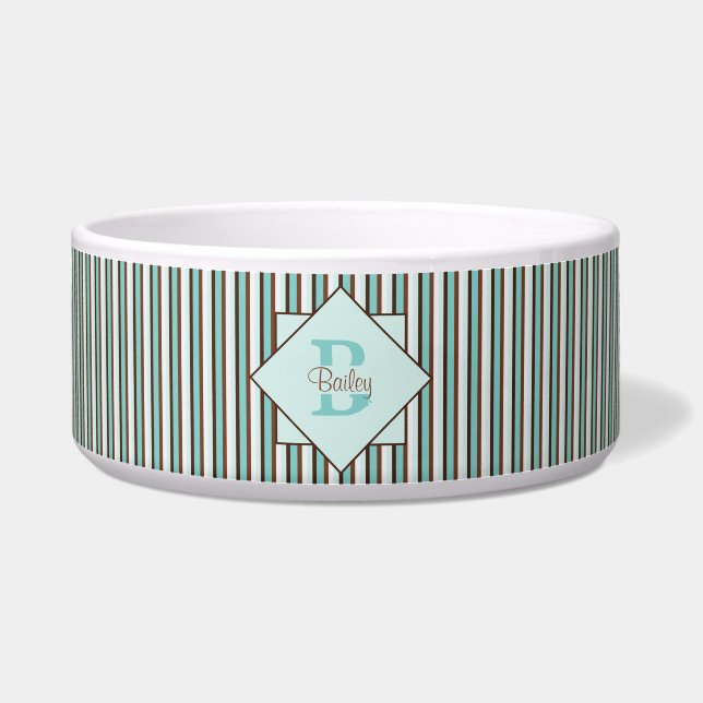 Monogram Chocolate Brown & Mint Green Stripes Voerbakje (Voorkant)