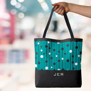 Monogram Cirkels Lijnen Zwart Wit Teal Draagtas