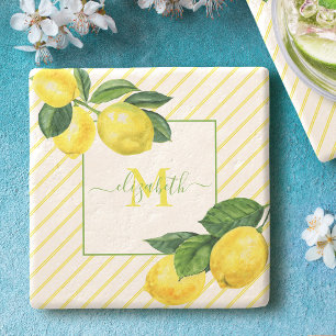 Monogram citroenen aquarel strepen rustieke landel stenen onderzetter