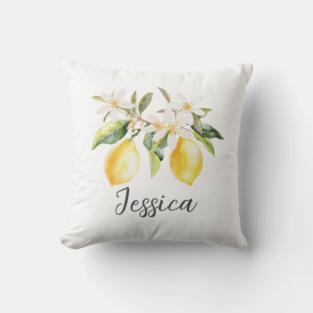 Monogram Citroenfruit Witte Bloemen Boomtak Kussen (Voorkant)