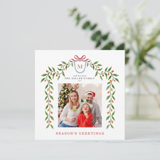 Monogram Citrus Garland Holiday foto Aankondiging (Staand voorkant)