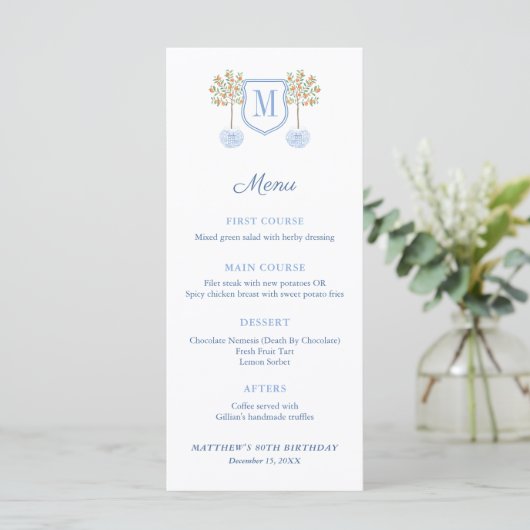 Monogram Citrus Tree Formal Baptisme Luncheon Menu (Staand voorkant)