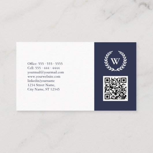 Monogram Classic Blue White QR Code Visitekaartje (Achterkant)