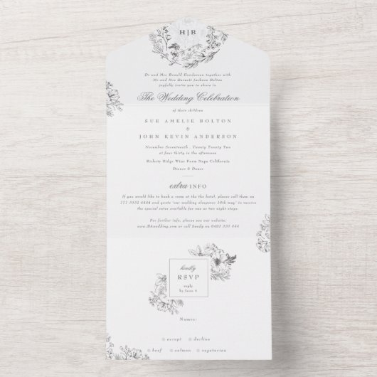 Monogram Classic Botanical Florals Wedding All In One Uitnodiging (Binnen)