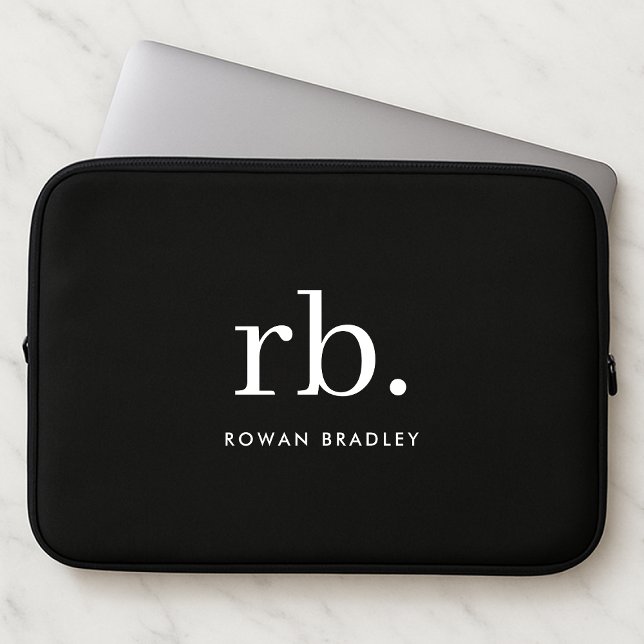Monogram Classic Elegant Minimal Black en White Laptop Sleeve (Sleek black modern monogram custom laptop sleeves, for business or personal use.)