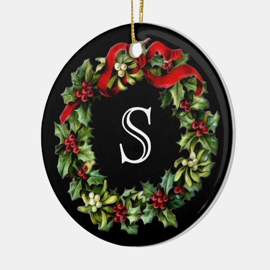 Monogram Classic Holly WreatCustom Kerstmis Keramisch Ornament (Links)