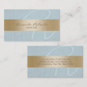 Monogram classy Gold Stripe Blue Linen Visitekaartje (Voorkant / Achterkant)