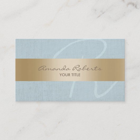 Monogram classy Gold Stripe Blue Linen Visitekaartje (Voorkant)