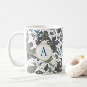 Monogram Clematis Vine Elegant Groen Blauw Bloemen Koffiemok